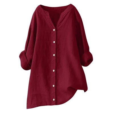 FOCLMP Womens Cotton Linen Tunic Tops Boho Peasant Summer Tops Long Sleeve Button Down Shirts Blouse Dressy Casual Clothing Summer Blouses Wine L
