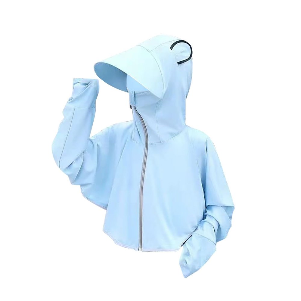 Kids Long Sleeve Sun Protective Coat Outdoor Anti- Ice Silk Breathable Big Hat Brim Zip Outdoor (Blue, 7-9 Years)