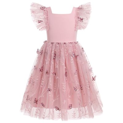Baby Girl Fairy Dress Toddler Princess Butterfly Tutu Dress Ruffle Sleeves Backless Flower Girl Wedding Birthday Tulle Dresses Dusty Pink 5-6 Years