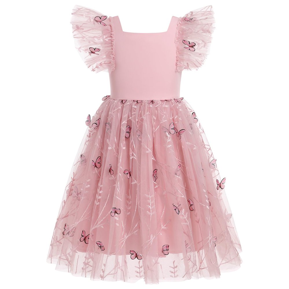 Baby Girl Fairy Dress Toddler Princess Butterfly Tutu Dress Ruffle Sleeves Backless Flower Girl Wedding Birthday Tulle Dresses Dusty Pink 5-6 Years