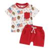 4th of July Toddler Boys Short Sleeve Outfits 2pc USA Flag Baseball Print Top Tees + Solid (White, 18-24 Months)