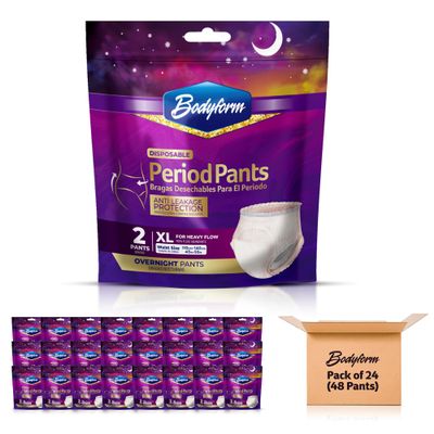 BODYFORM Period Pants - Women's Disposable Overnight Underwear - Heavy Flow Support 48 Period Pants (2 Count - Pack of 24) X-Large
