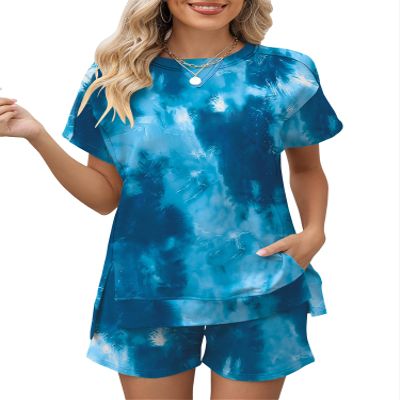 LOMON Womens Lounge Sets Fashion 2 Piece Sweatsuit Outfits 2026 Summer Short Sleeve Loungewear Tracksuits(Blue Tie Dye,M)