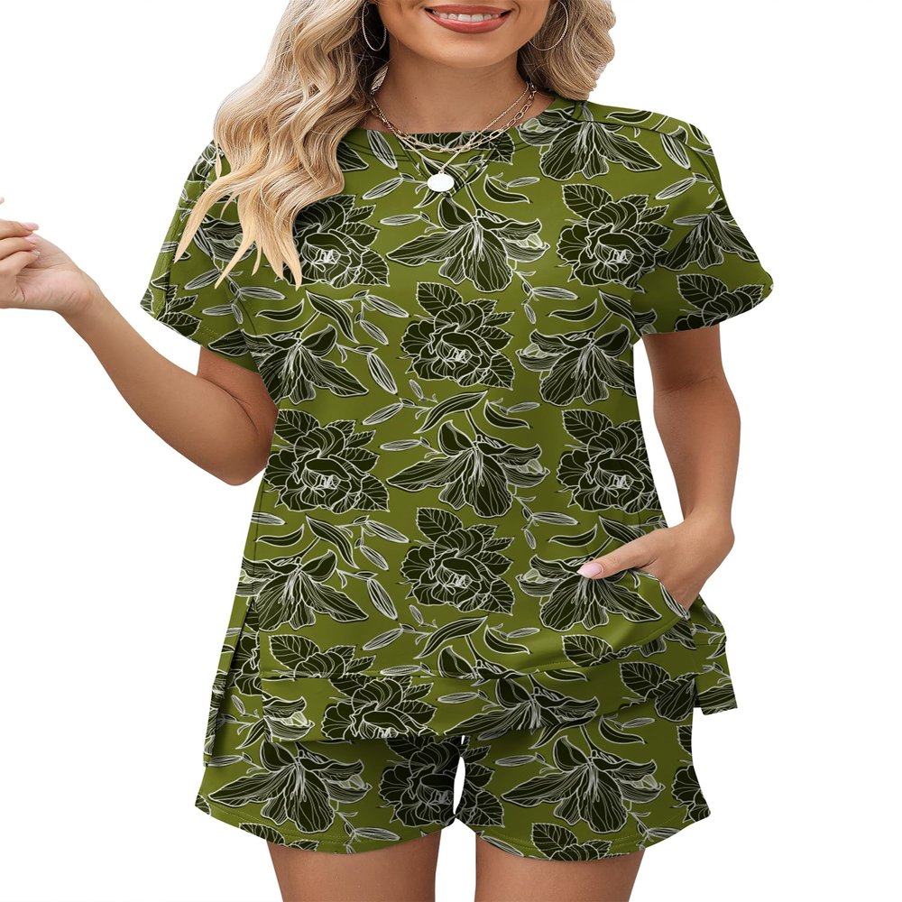 LOMON Women Sweatsuits Sets Fashion Comfy Casual Two Piece Outfits Sets Spring Short Sleeve Loungewear Shorts(Army Green Floral,XL)