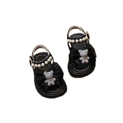 Toddler Infant Girls Pearl Bear Bow Princess Sandals Open Toe Soft Flat Soled Sandals Summer Fashion Shoes (Black, 9 Toddler)