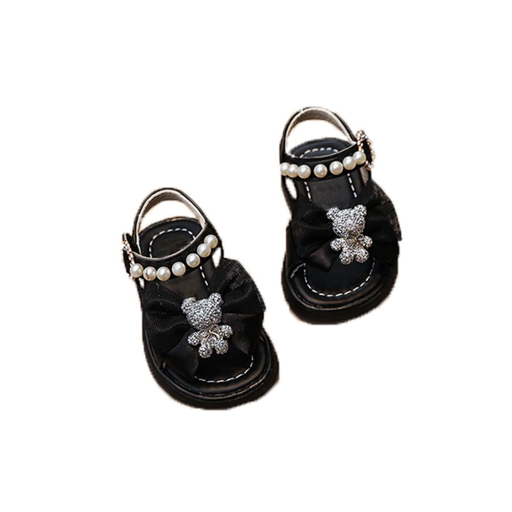 Toddler Infant Girls Pearl Bear Bow Princess Sandals Open Toe Soft Flat Soled Sandals Summer Fashion Shoes (Black, 9 Toddler)