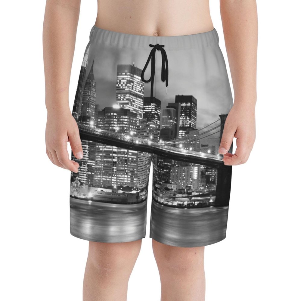 Brooklyn Bridge Manhattan Skyline Teen Boys Beach Shorts Swim Trunks Casual Board Shorts for 7-20 Years