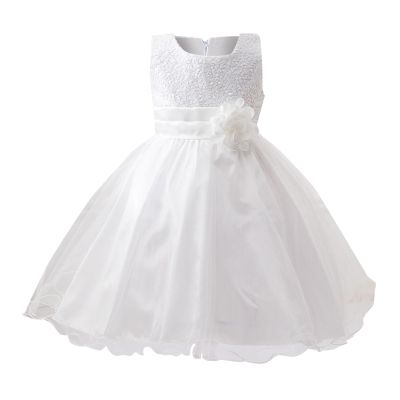 Girls' Dress Spring/Summer Solid Color Sleeveless Sequins Flower Mesh Dress Party Birthday School (White, 5-6 Years)