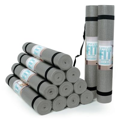 Upward Fit 12-Pack Classic Yoga Mat With Carrying Strap, 68" x 24" Non Slip Exercise Mat, 4mm Thick Gym Mat, Bulk Non Toxic Yoga Mats for Home Workout, Schools, Classroom, and Studios, Gray