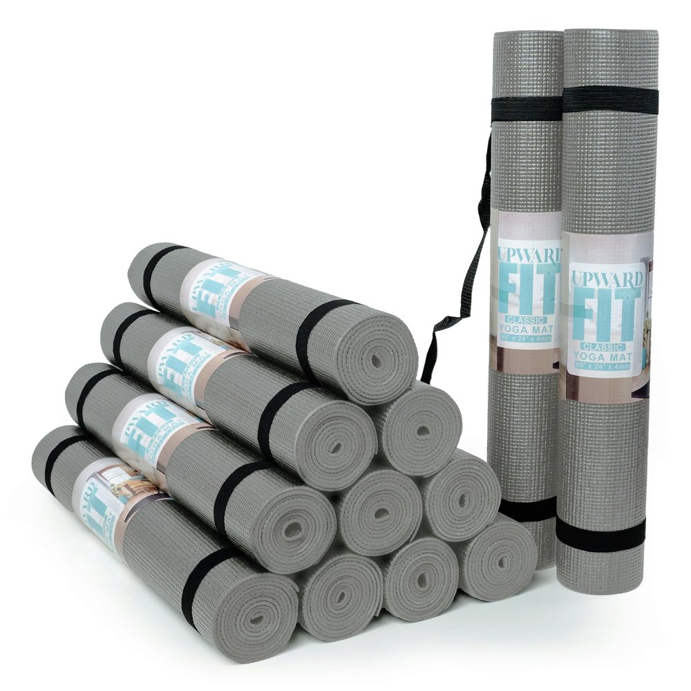 Upward Fit 12-Pack Classic Yoga Mat With Carrying Strap, 68" x 24" Non Slip Exercise Mat, 4mm Thick Gym Mat, Bulk Non Toxic Yoga Mats for Home Workout, Schools, Classroom, and Studios, Gray