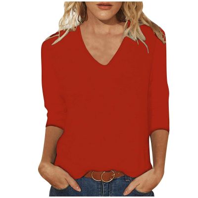 GOKKILRW Womens Tops 3/4 Sleeve Crewneck Cute Shirts Casual Plain Color Trendy Tops Three Quarter Length V Neck Loose T Shirt Summer Pullover 2024 Lounge Clothes Red