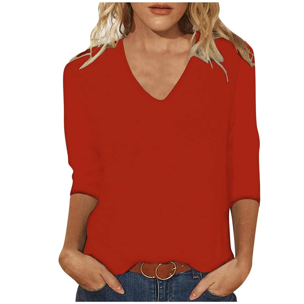 GOKKILRW Womens Tops 3/4 Sleeve Crewneck Cute Shirts Casual Plain Color Trendy Tops Three Quarter Length V Neck Loose T Shirt Summer Pullover 2024 Lounge Clothes Red