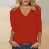 GOKKILRW Womens Tops 3/4 Sleeve Crewneck Cute Shirts Casual Plain Color Trendy Tops Three Quarter Length V Neck Loose T Shirt Summer Pullover 2024 Lounge Clothes Red view 2