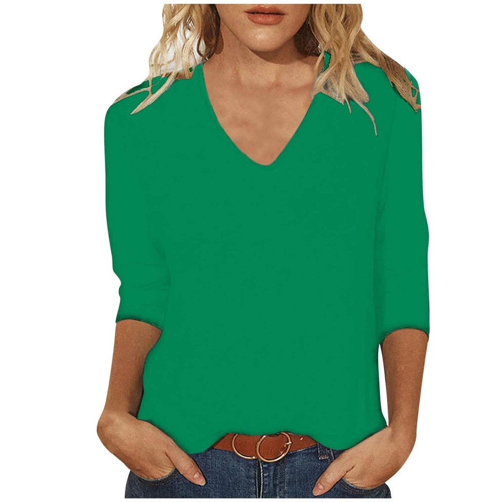 GOKKILRW Womens Tops 3/4 Sleeve Crewneck Cute Shirts Casual Plain Color Trendy Tops Three Quarter Length V Neck Loose T Shirt Summer Pullover 2024 Lounge Clothes Green