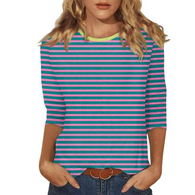 3/4 Length Sleeve Womens Tops Striped Casual Crew Neck T Shirts Loose Fit Color Block Business Dressy Blouses Summer Tops for Women 2025 Striped Tshirt Women Women's T-Shirts, Blue, 3X-Large