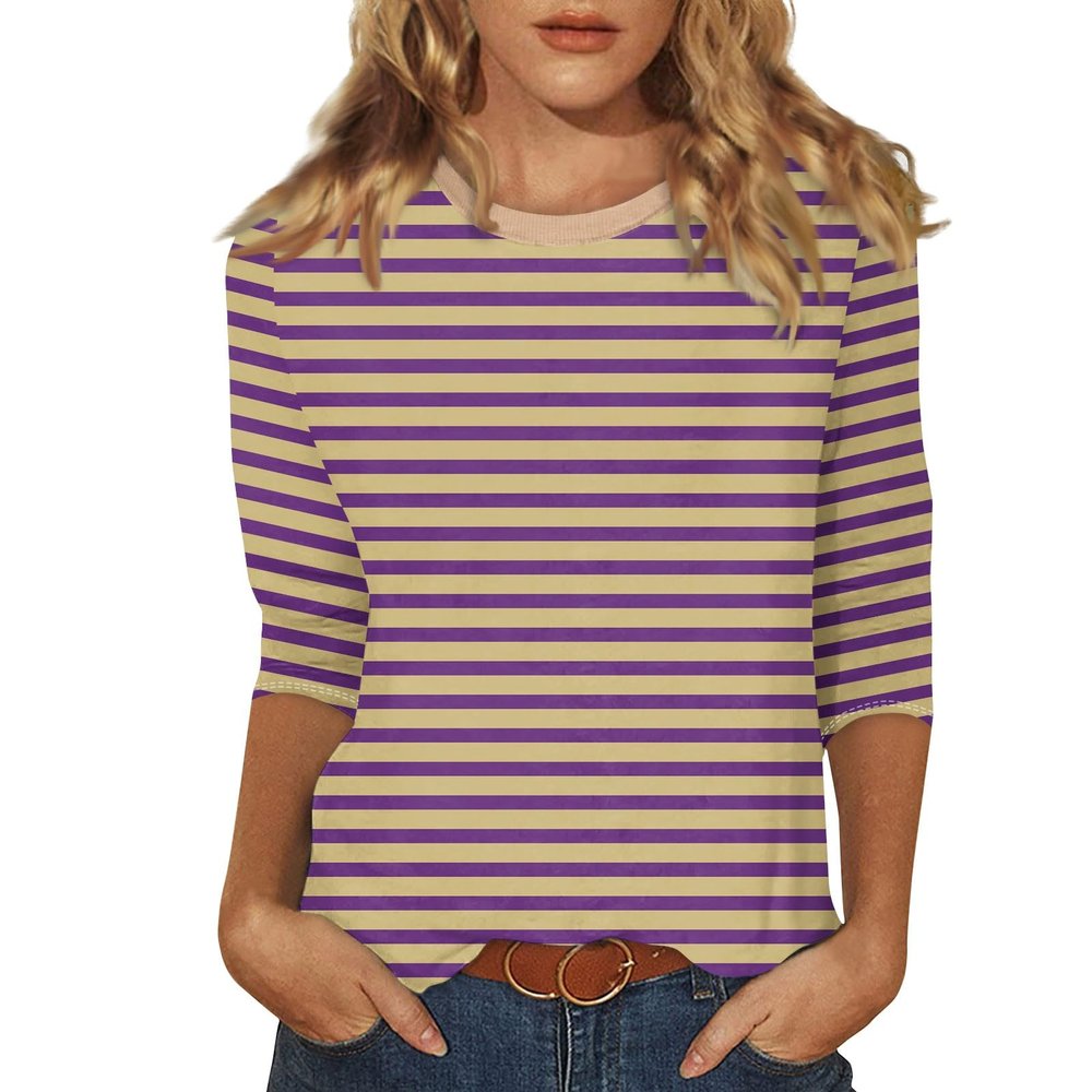 3/4 Length Sleeve Womens Tops Striped Casual Crew Neck T Shirts Loose Fit Color Block Business Dressy Blouses Summer Tops for Women 2025 Striped Tshirt Women Women's T-Shirts, Brown, X-Large