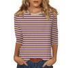 3/4 Length Sleeve Womens Tops Striped Casual Crew Neck T Shirts Loose Fit Color Block Business Dressy Blouses Summer Tops for Women 2025 Striped Tshirt Women Women's T-Shirts, Brown, X-Large view 1