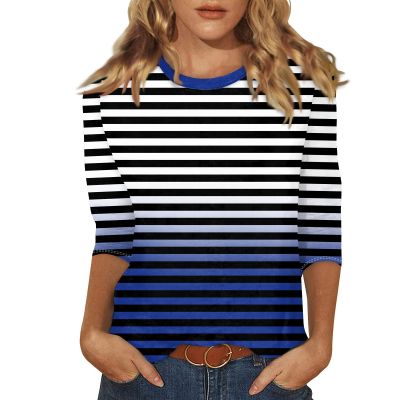 3/4 Length Sleeve Womens Tops Striped Casual Crew Neck T Shirts Loose Color Block Business Dressy Blouses Summer Tops for Women 2025 Striped Tshirt Women Women's T-Shirts, Dark Blue, X-Large