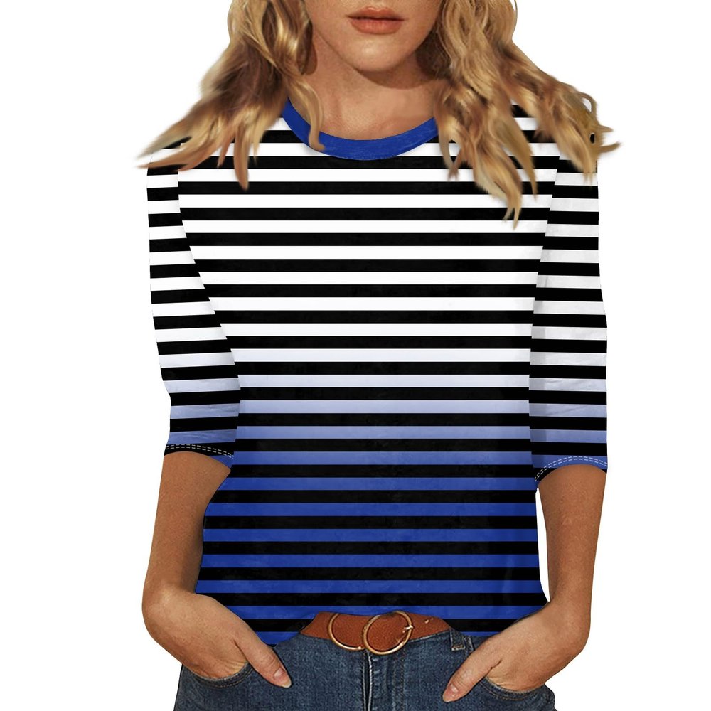 3/4 Length Sleeve Womens Tops Striped Casual Crew Neck T Shirts Loose Color Block Business Dressy Blouses Summer Tops for Women 2025 Striped Tshirt Women Women's T-Shirts, Dark Blue, X-Large