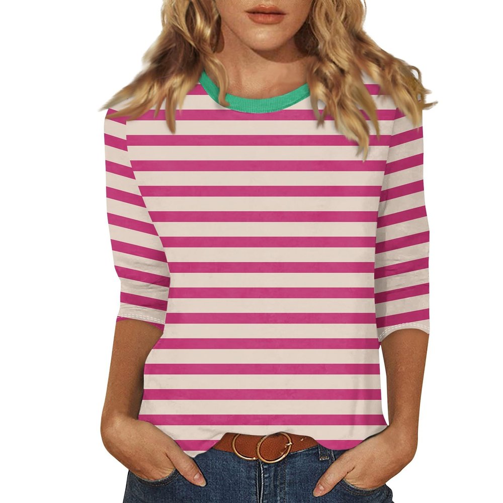3/4 Length Sleeve Womens Tops Striped Casual Crew Neck T Shirts Loose Fit Color Block Business Dressy Blouses Summer Tops for Women 2025 Striped Tshirt Women Women's T-Shirts, Pink, 3X-Large