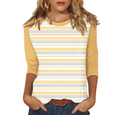 3/4 Length Sleeve Womens Tops Striped Casual Crew Neck T Shirts Loose Fit Color Block Business Dressy Blouses Summer Tops for Women 2025 Striped Tshirt Women Women's T-Shirts, Yellow, 3X-Large