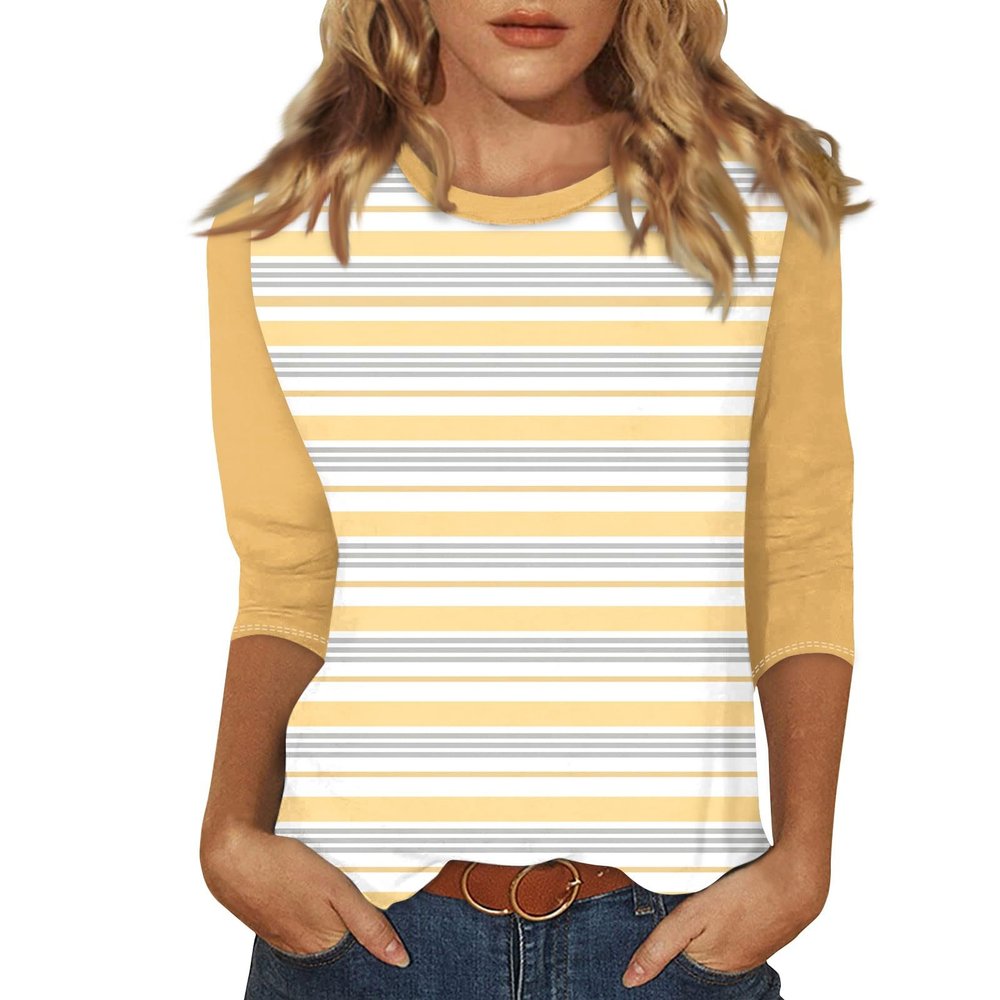 3/4 Length Sleeve Womens Tops Striped Casual Crew Neck T Shirts Loose Fit Color Block Business Dressy Blouses Summer Tops for Women 2025 Striped Tshirt Women Women's T-Shirts, Yellow, 3X-Large