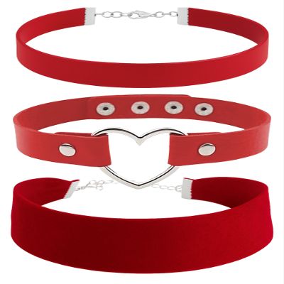 STACKABLE CREATIONS Black Leather, Velvet, Heart Pendant Choker 90s Accessories Goth Style Classic Punk Gothic Neck Collar Choker Necklace for Women and Men, Pack of 3 (Red)