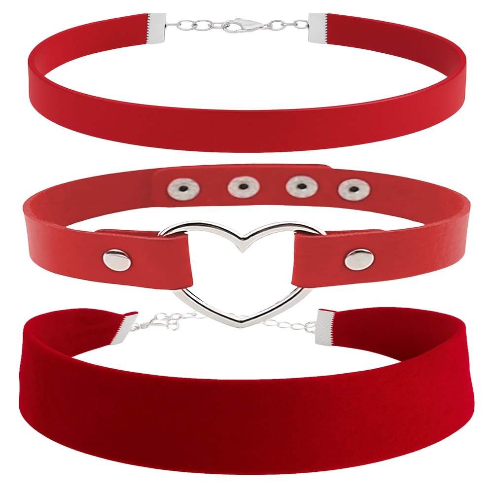 STACKABLE CREATIONS Black Leather, Velvet, Heart Pendant Choker 90s Accessories Goth Style Classic Punk Gothic Neck Collar Choker Necklace for Women and Men, Pack of 3 (Red)