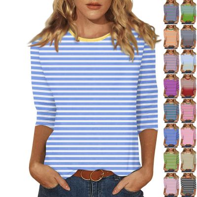 3/4 Length Sleeve Womens Tops Striped Casual Crew Neck T Shirts Loose Fit Color Block Business Dressy Blouses Summer Tops for Women 2025 Striped Tshirt Women Women's T-Shirts, Light Blue, XX-Large