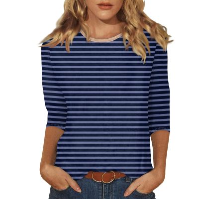 3/4 Length Sleeve Womens Tops Striped Casual Crew Neck T Shirts Loose Fit Color Block Business Dressy Blouses Summer Tops for Women 2025 Striped Tshirt Women Women's T-Shirts, Navy, 3X-Large