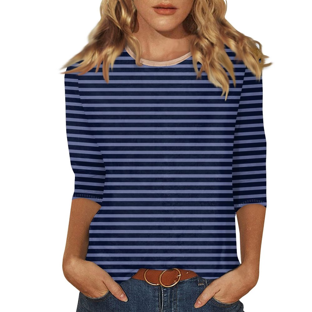 3/4 Length Sleeve Womens Tops Striped Casual Crew Neck T Shirts Loose Fit Color Block Business Dressy Blouses Summer Tops for Women 2025 Striped Tshirt Women Women's T-Shirts, Navy, 3X-Large