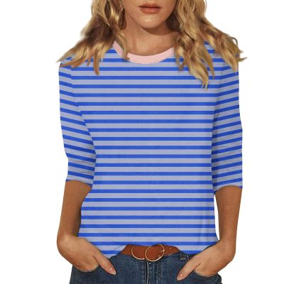 3/4 Length Sleeve Womens Tops Striped Casual Crew Neck T Shirts Loose Fit Color Block Business Dressy Blouses Summer Tops for Women 2025 Striped Tshirt Women Women's T-Shirts, Blue, XX-Large