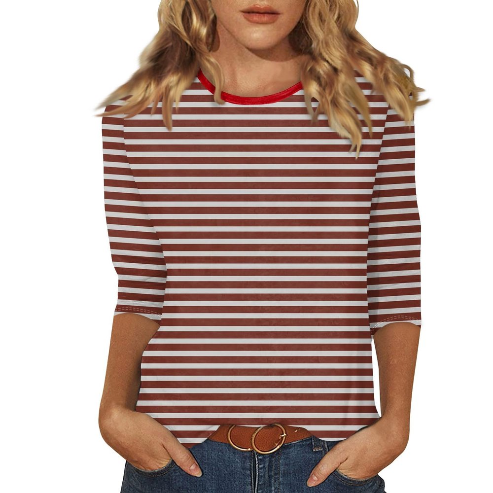 3/4 Length Sleeve Womens Tops Striped Casual Crew Neck T Shirts Loose Fit Color Block Business Dressy Blouses Summer Tops for Women 2025 Striped Tshirt Women Women's T-Shirts, Vermilion, 3X-Large