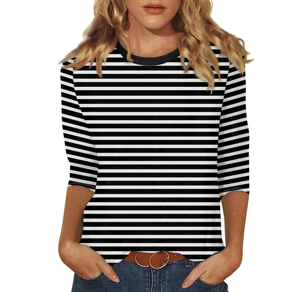 3/4 Length Sleeve Womens Tops Striped Casual Crew Neck T Shirts Loose Fit Color Block Business Dressy Blouses Summer Tops for Women 2025 Striped Tshirt Women Women's T-Shirts, Black, X-Large