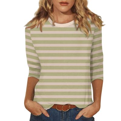 3/4 Length Sleeve Womens Tops Striped Casual Crew Neck T Shirts Loose Fit Color Block Business Dressy Blouses Summer Tops for Women 2025 Striped Tshirt Women Women's T-Shirts, Khaki, 3X-Large
