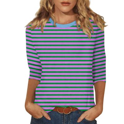 3/4 Length Sleeve Womens Tops Striped Casual Crew Neck T Shirts Loose Fit Color Block Business Dressy Blouses Summer Tops for Women 2025 Striped Tshirt Women Women's T-Shirts, Purple, XX-Large