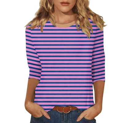 3/4 Length Sleeve Womens Tops Striped Casual Crew Neck T Shirts Loose Fit Color Block Business Dressy Blouses Summer Tops for Women 2025 Striped Tshirt Women Women's T-Shirts, Purple, X-Large