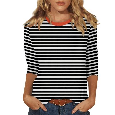 3/4 Length Sleeve Womens Tops Striped Casual Crew Neck T Shirts Loose Fit Color Block Business Dressy Blouses Summer Tops for Women 2025 Striped Tshirt Women Women's T-Shirts, Black, X-Large
