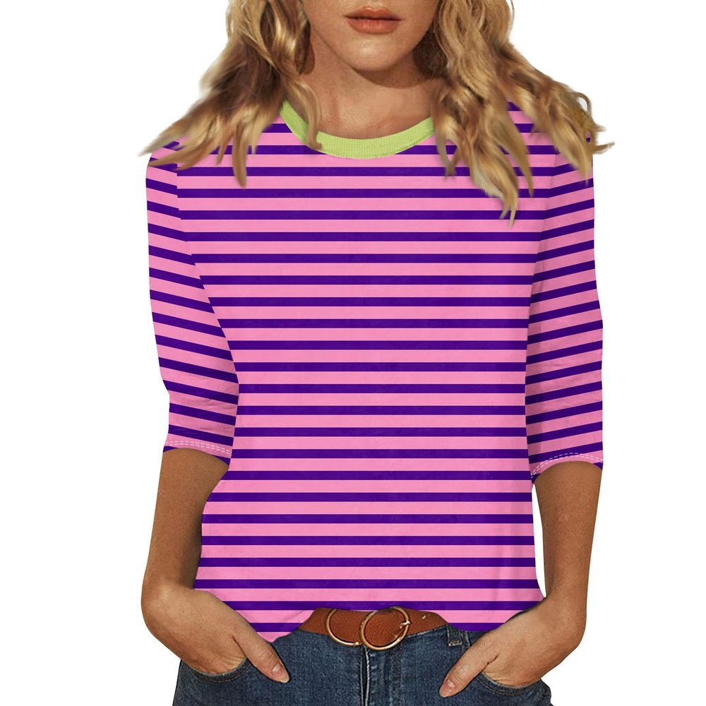 3/4 Length Sleeve Womens Tops Striped Casual Crew Neck T Shirts Loose Fit Color Block Business Dressy Blouses Summer Tops for Women 2025 Striped Tshirt Women Women's T-Shirts, Hot Pink, Large