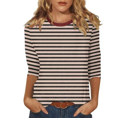 3/4 Length Sleeve Womens Tops Striped Casual Crew Neck T Shirts Loose Fit Color Block Business Dressy Blouses Summer Tops for Women 2025 Striped Tshirt Women Women's T-Shirts, Brown, XX-Large