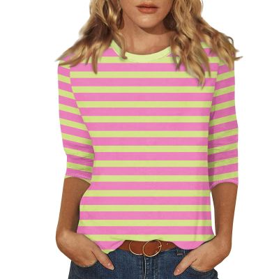3/4 Length Sleeve Womens Tops Striped Casual Crew Neck T Shirts Loose Fit Color Block Business Dressy Blouses Summer Tops for Women 2025 Striped Tshirt Women Women's T-Shirts, Light Pink, Large