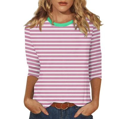 3/4 Length Sleeve Womens Tops Striped Casual Crew Neck T Shirts Loose Fit Color Block Business Dressy Blouses Summer Tops for Women 2025 Striped Tshirt Women Women's T-Shirts, Pink, 3X-Large