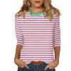 3/4 Length Sleeve Womens Tops Striped Casual Crew Neck T Shirts Loose Fit Color Block Business Dressy Blouses Summer Tops for Women 2025 Striped Tshirt Women Women's T-Shirts, Pink, 3X-Large view 1