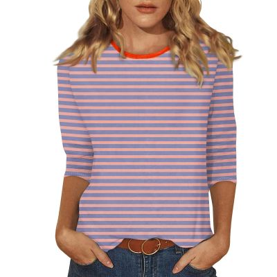 3/4 Length Sleeve Womens Tops Striped Casual Crew Neck T Shirts Loose Fit Color Block Business Dressy Blouses Summer Tops for Women 2025 Striped Tshirt Women Women's T-Shirts, Orange, Medium