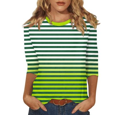 3/4 Length Sleeve Womens Tops Striped Casual Crew Neck T Shirts Loose Color Block Business Dressy Blouses Summer Tops for Women 2025 Striped Tshirt Women Women's T-Shirts, Fluorescent Green, 3X-Large