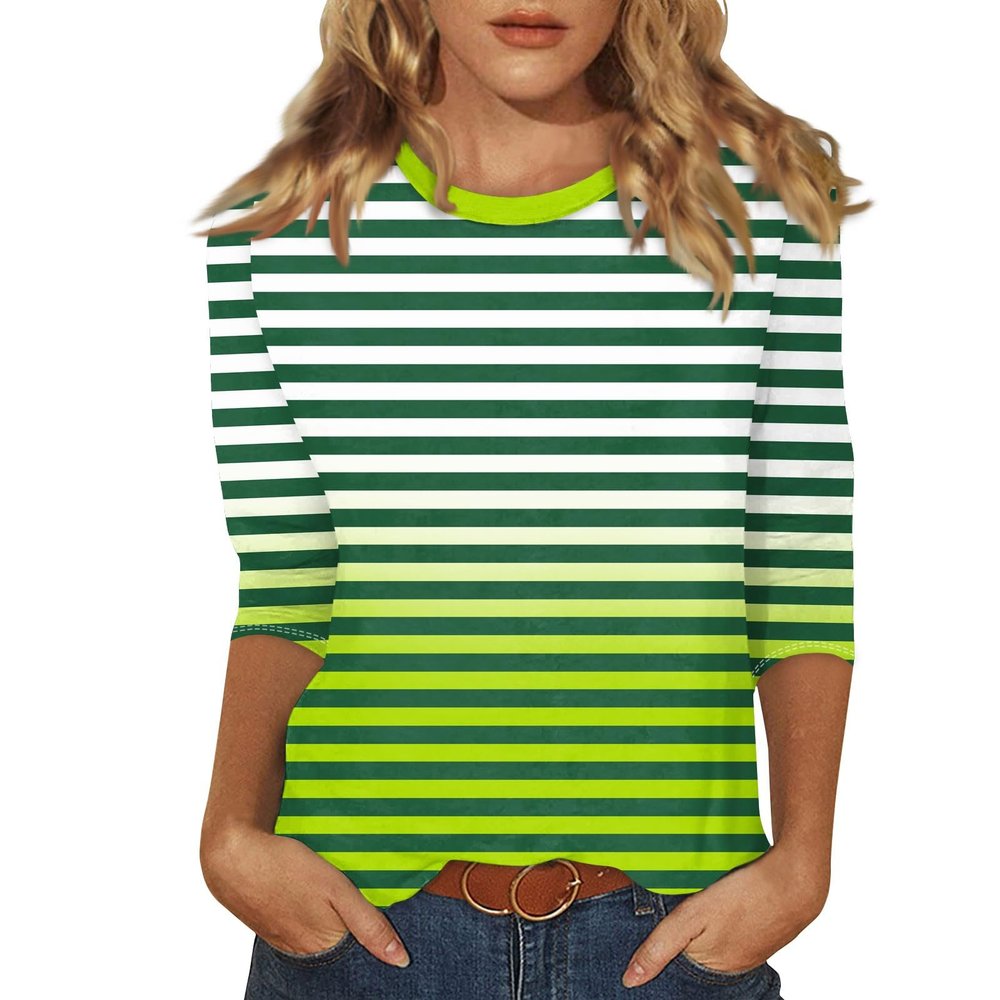 3/4 Length Sleeve Womens Tops Striped Casual Crew Neck T Shirts Loose Color Block Business Dressy Blouses Summer Tops for Women 2025 Striped Tshirt Women Women's T-Shirts, Fluorescent Green, 3X-Large
