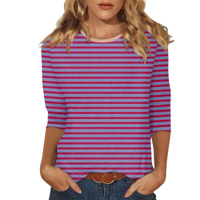 3/4 Length Sleeve Womens Tops Striped Casual Crew Neck T Shirts Loose Fit Color Block Business Dressy Blouses Summer Tops for Women 2025 Striped Tshirt Women Women's T-Shirts, Purple, 3X-Large