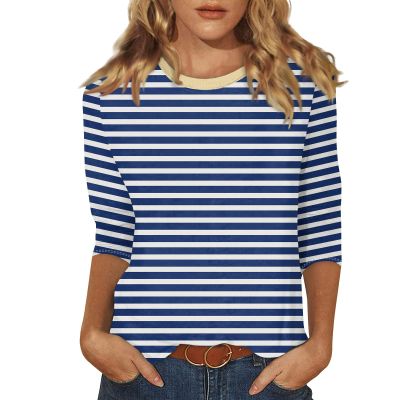 3/4 Length Sleeve Womens Tops Striped Casual Crew Neck T Shirts Loose Fit Color Block Business Dressy Blouses Summer Tops for Women 2025 Striped Tshirt Women Women's T-Shirts, Blue, 3X-Large