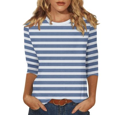3/4 Length Sleeve Womens Tops Striped Casual Crew Neck T Shirts Loose Fit Color Block Business Dressy Blouses Summer Tops for Women 2025 Striped Tshirt Women Women's T-Shirts, Sky Blue, Small