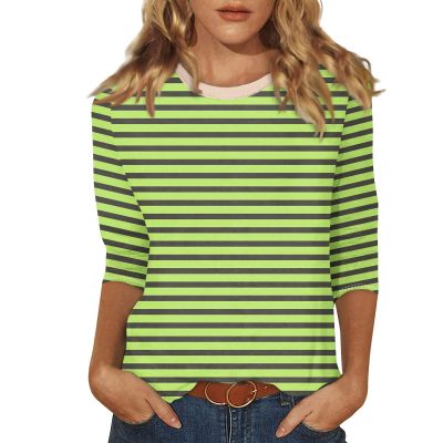 3/4 Length Sleeve Womens Tops Striped Casual Crew Neck T Shirts Loose Fit Color Block Business Dressy Blouses Summer Tops for Women 2025 Striped Tshirt Women Women's T-Shirts, Green, X-Large